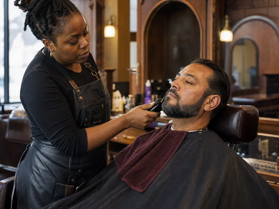 Barber shaping a client's beard