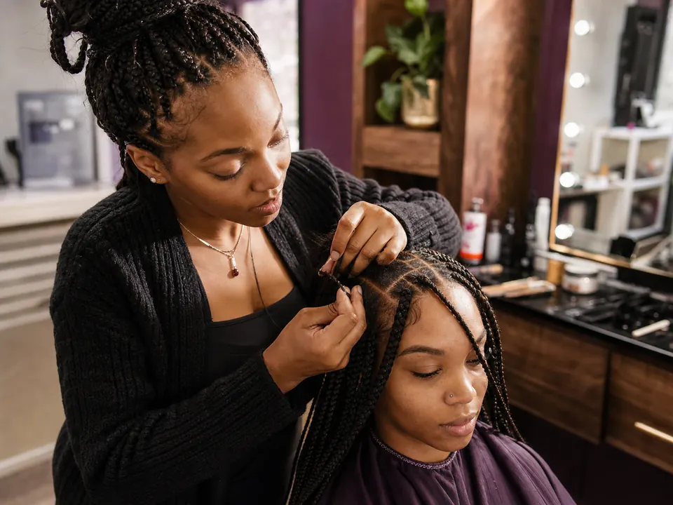 A ProChair braider creating knotless braids for a client