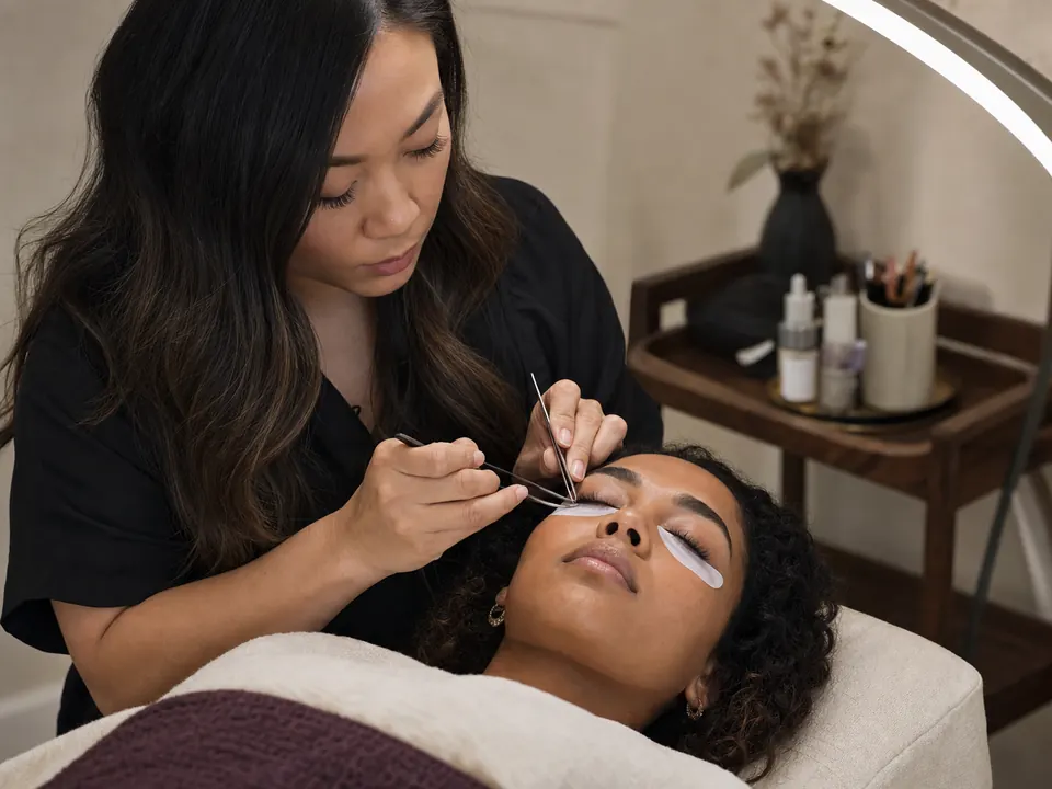Lash artist placing individual lash extensions
