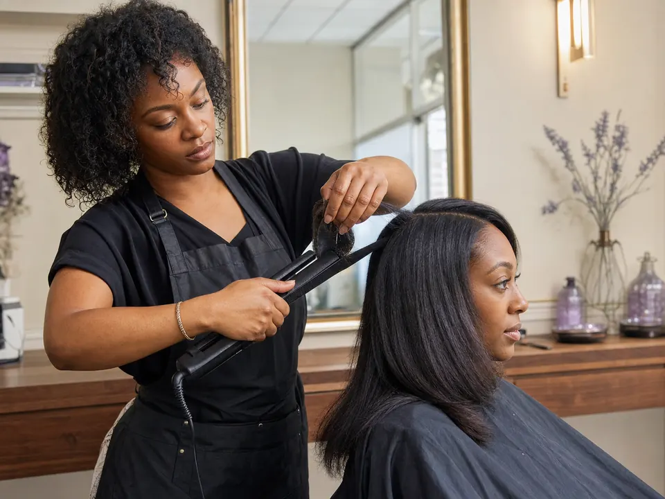 Stylist completing a silk press