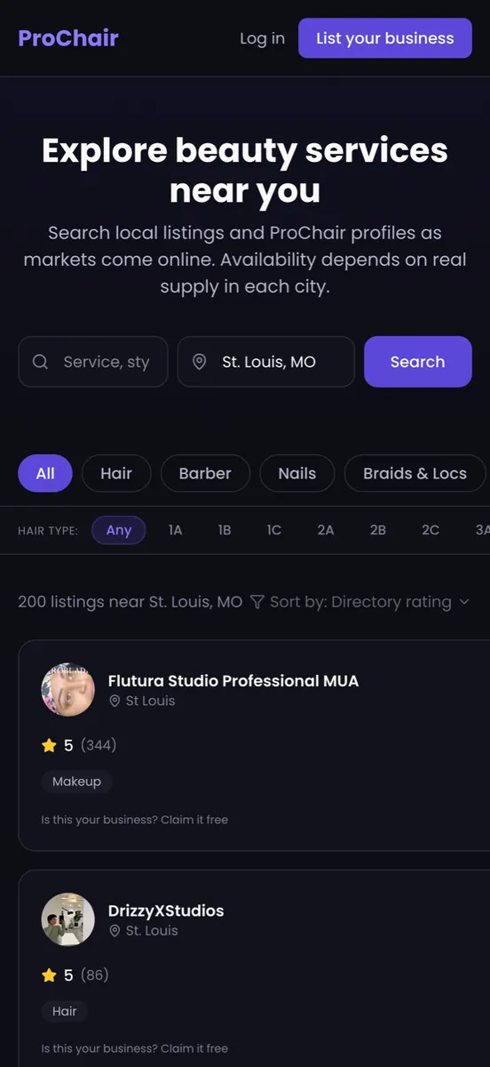 ProChair iOS search screen